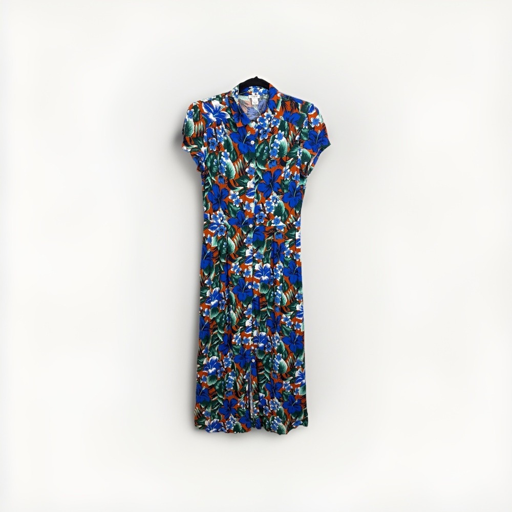 J. Crew L9782 Midi Shirt Dress Women's Small Blue & Multicolor Tropical Floral